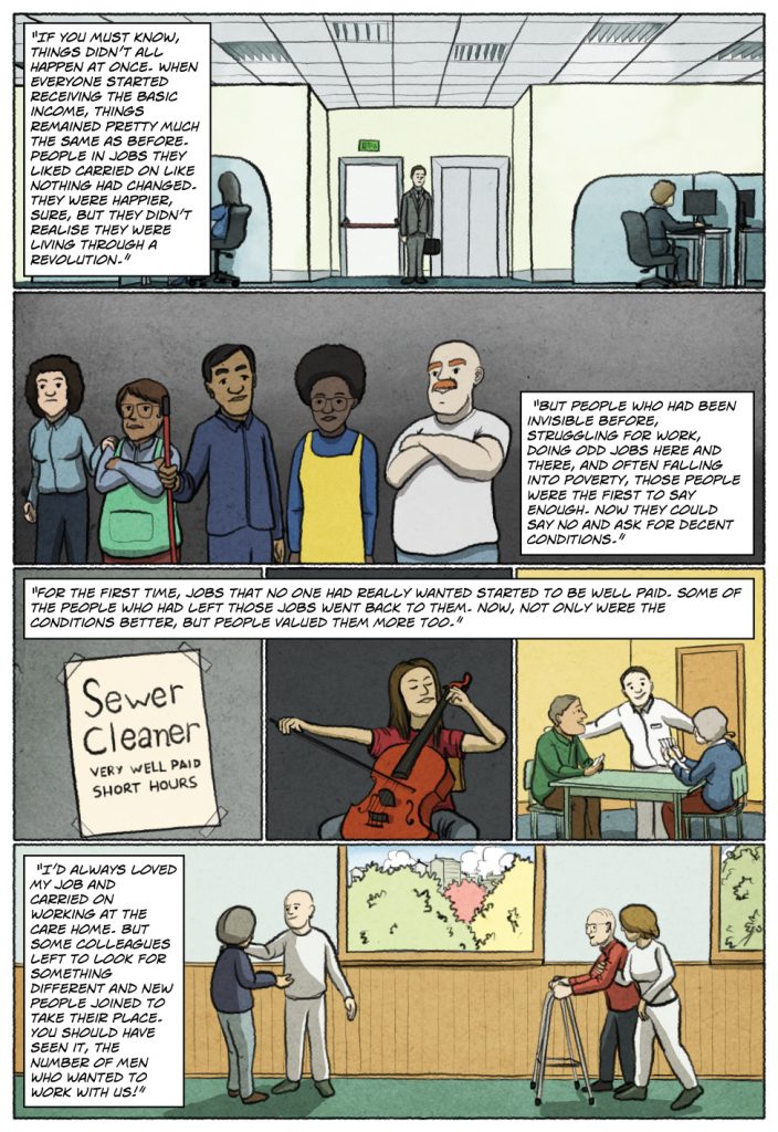 Page 7 of Unconditional Freedom 2049 comic on European basic income.