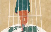 Illustration: A migrant walking on the earth with prison bars around them