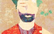 An illustrated face made up of jigsaw pieces