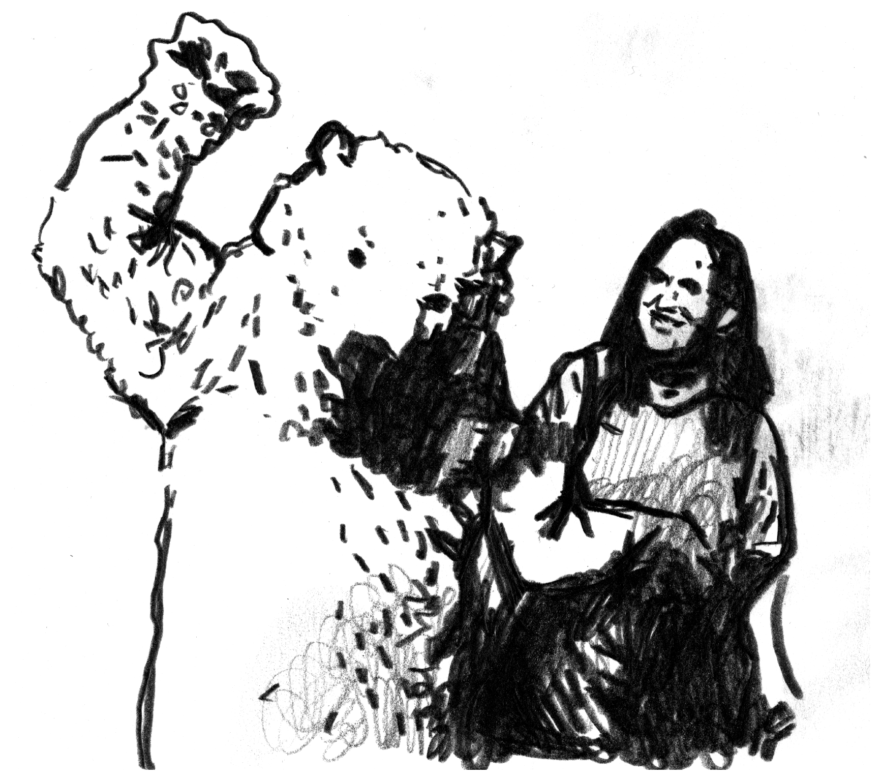 Sketch of a polar bear and a woman.