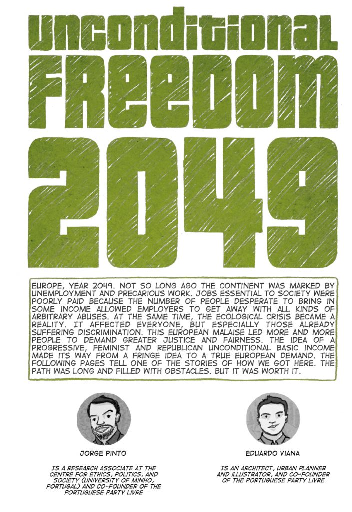 The cover of Unconditional Freedom 2049 comic on European basic income.