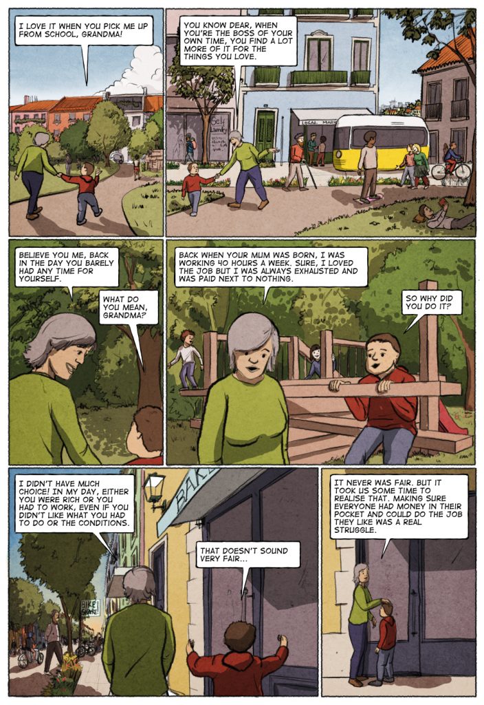 The first page of Unconditional Freedom 2049 comic on European basic income.