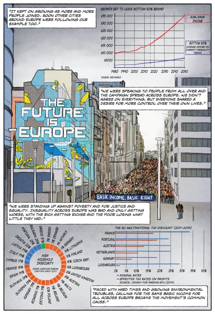 Page 5 of Unconditional Freedom 2049 comic on European basic income.