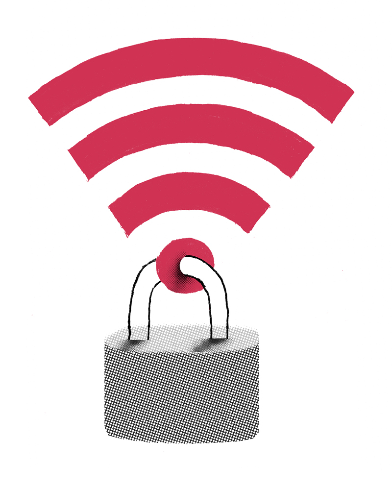 Illustration of a wifi symbol with a padlock through one end