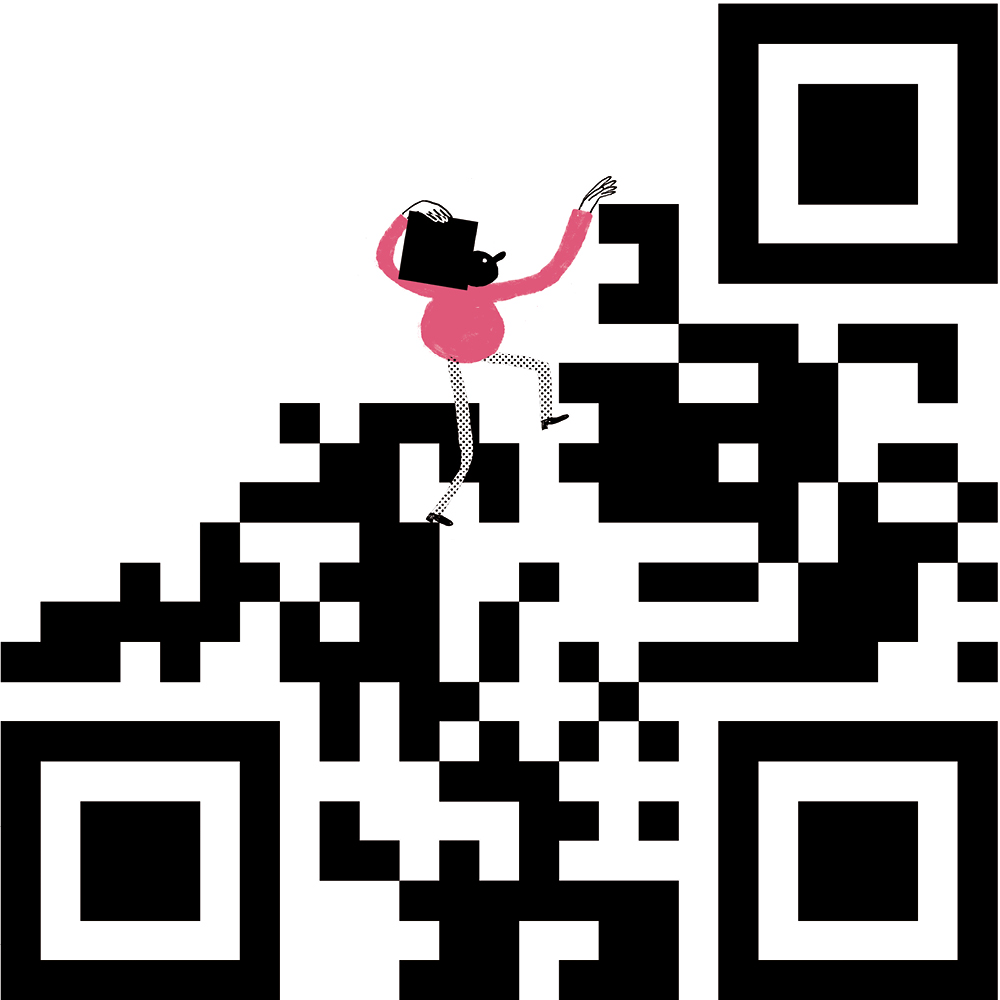 Illustration of a person climbing up a large QR code