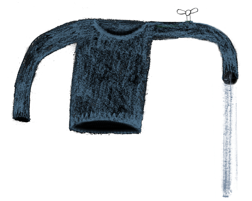Illustration of a jumper with one arm a tap with water gushing out, representing the water intensity of textiles production