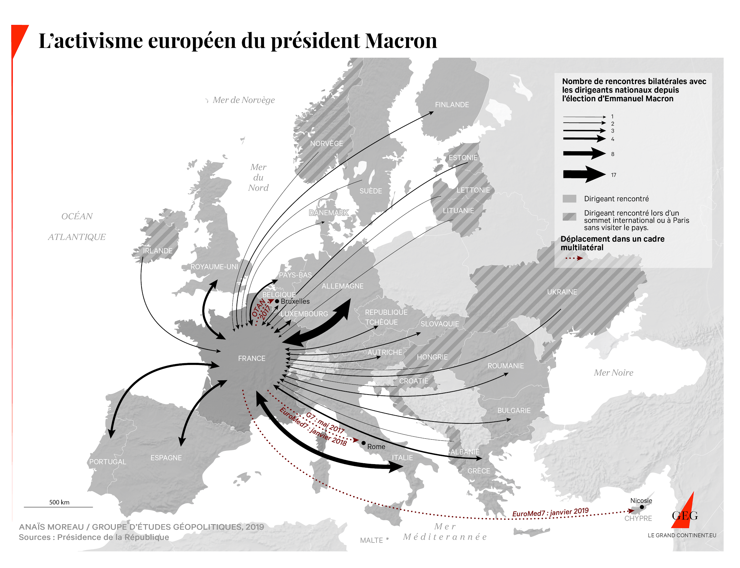 Map of President Macron's European activism (no. bilateral meetings with EU countries)