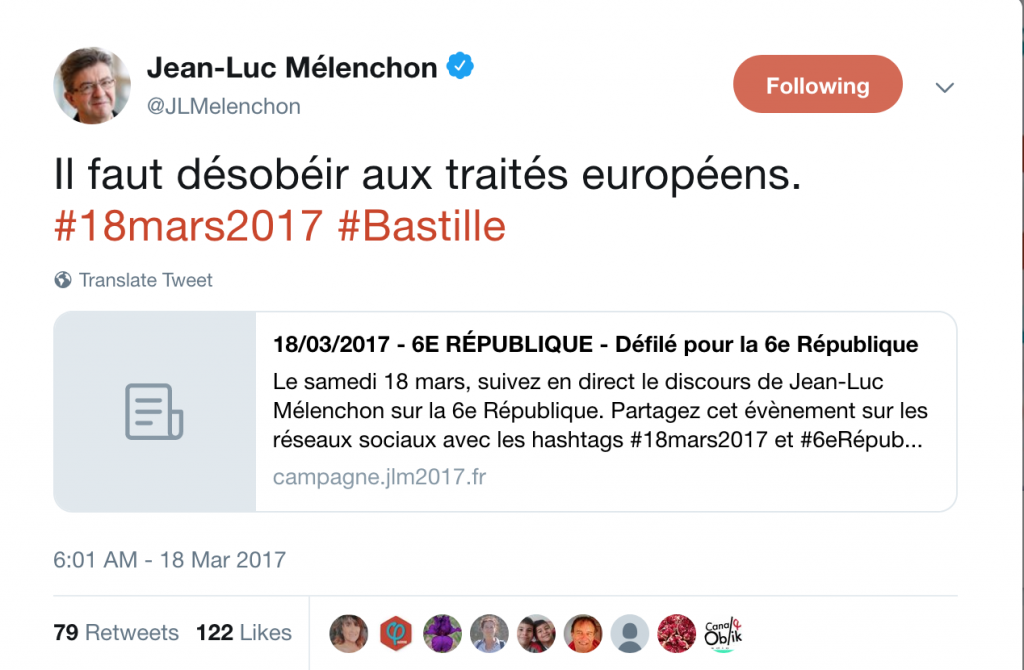 Twitter post by Jean-Luc Melenchon calling for disobedience of EU treaties. 18.03.2017.