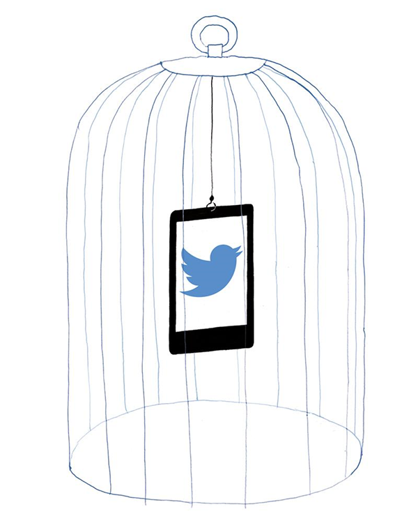 Illustration of a smartphone with Twitter open in a cage