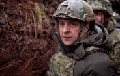 Zelensky at a trench in the war-racked Donetsk region of eastern Ukraine in December 2021